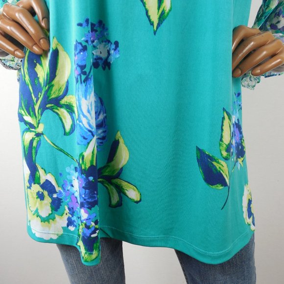 SUSAN GRAVER Top 1X Floral Blouse Stretch Green/Blue Print Chiffon Flared Sleeve - Picture 4 of 13